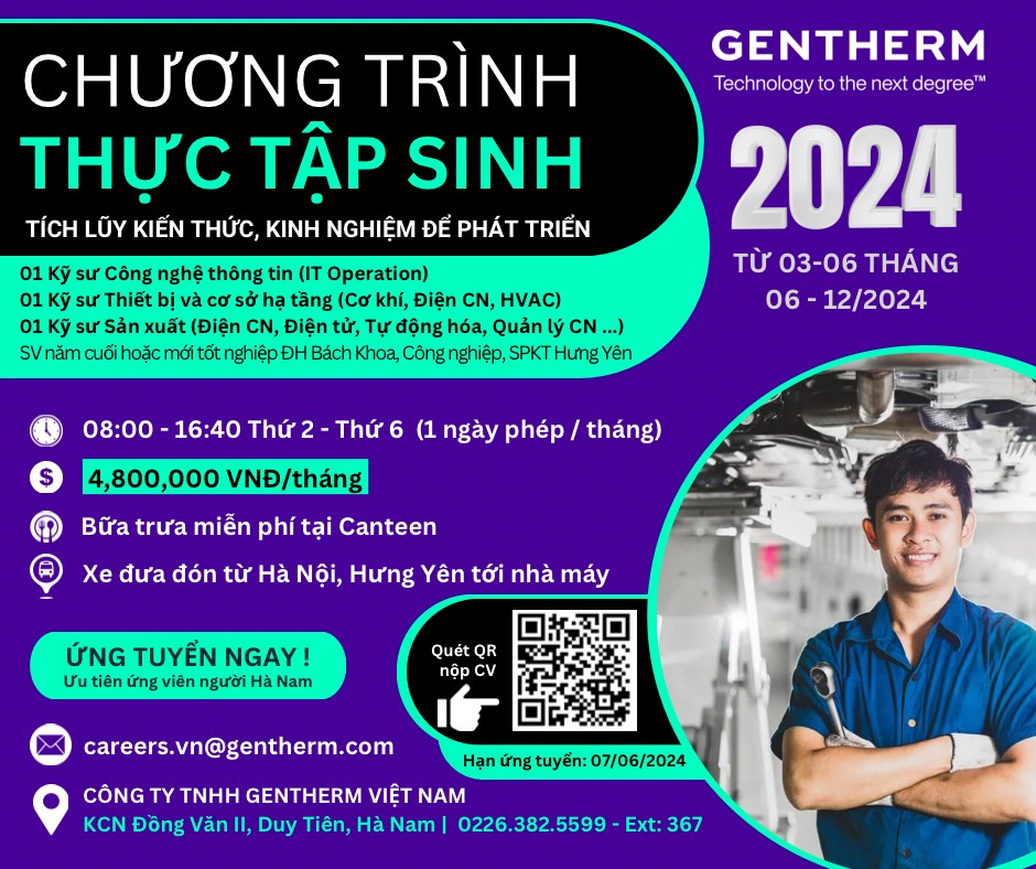 Thông báo Tuyển dụng Thực tập sinh của Công ty Gentherm Việt Nam
