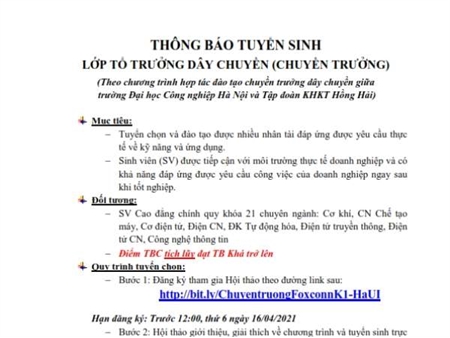 Thông báo tổ chức chương trình Hội thảo việc làm và tuyển sinh lớp Chuyền trưởng của tập đoàn KHKT Hồng Hải (Foxconn) dành cho SV Cao đẳng khóa 21