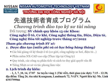 Thông báo tổ chức tuyển sinh lớp kỹ sư tài năng của Công ty TNHH Nissan Automotive technology Khóa 8 năm học 2021-2022 dành cho SV ĐH K13