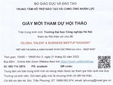 Giấy mời tham dự hội thảo với chủ đề "GLOBAL TALENT & BUSINESS MEETUP KAGAWA - KẾT NỐI TÀI NĂNG & KINH DOANH TOÀN CẦU TỈNH KAGAWA - NHẬT BẢN