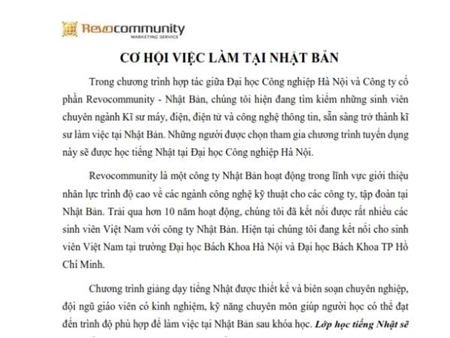 Thông báo tuyển sinh chương trình đào tạo lớp kỹ sư làm việc tại Nhật Bản của Công ty Revo Community (miễn phí 100%)