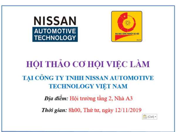 Thông báo tổ chức Hội thảo cơ hội việc làm và tuyển dụng trực tiếp của Công ty TNHH Nissan Automotive Technology Việt Nam - Thứ 4 ngày 13/11/2019
