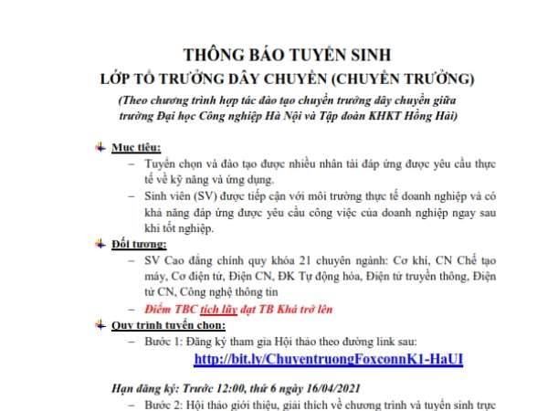 Thông báo tổ chức chương trình Hội thảo việc làm và tuyển sinh lớp Chuyền trưởng của tập đoàn KHKT Hồng Hải (Foxconn) dành cho SV Cao đẳng khóa 21