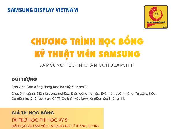 Chương trình học bổng kỹ thuật viên Samsung dành cho SV trình độ Cao đẳng K21 của Công ty TNHH Samsung Display Việt Nam