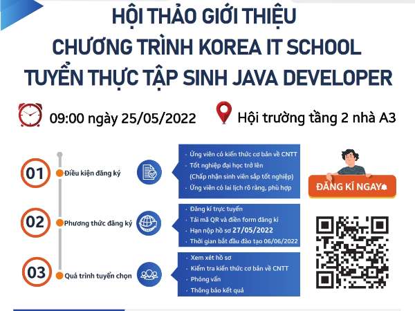 Hội thảo việc làm, giới thiệu chương trình Korea IT School - Tuyển dụng và đào tạo thực tập sinh Java Developer - Thứu 4 ngày 25/05/2022